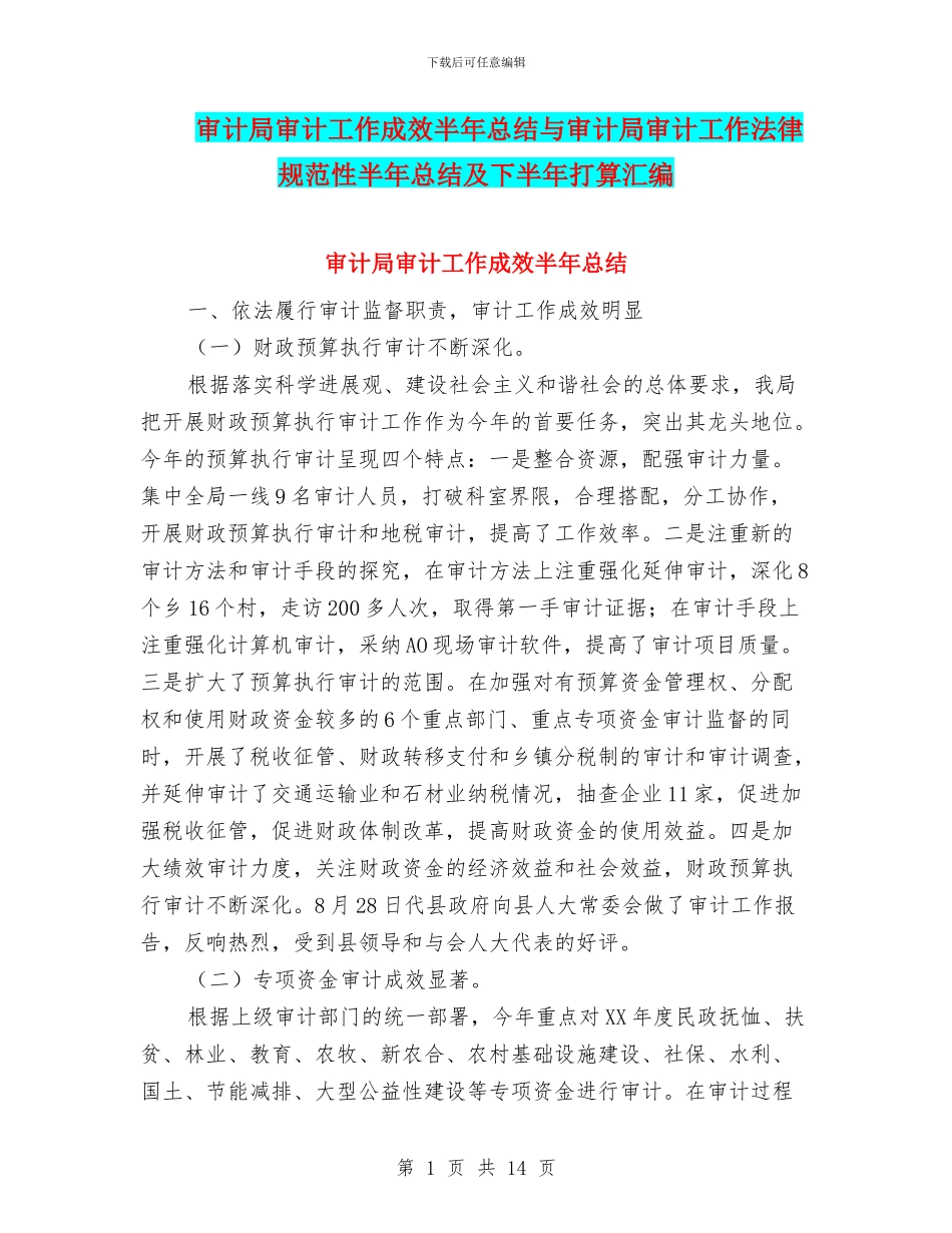 审计局审计工作成效半年总结与审计局审计工作规范性半年总结及下半年打算汇编_第1页
