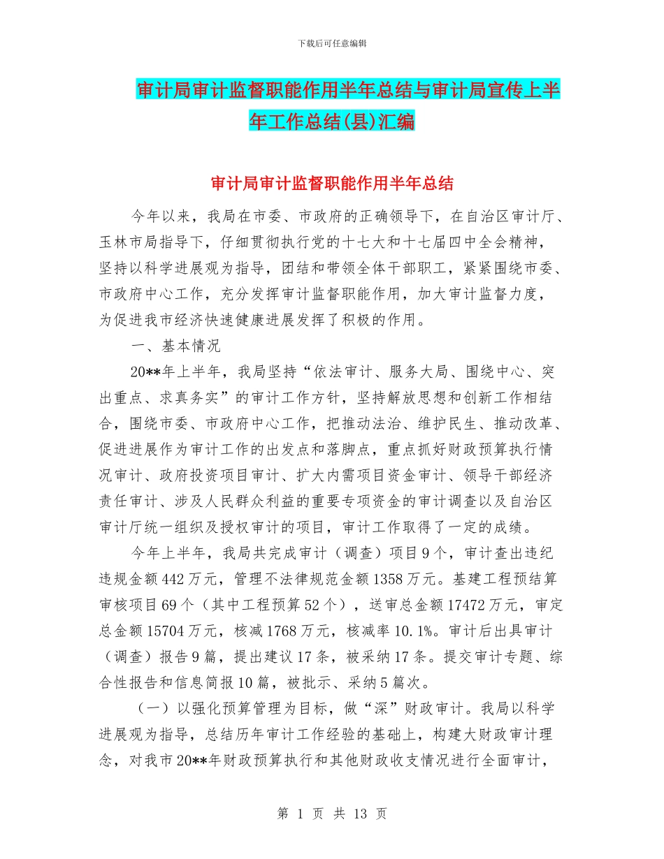 审计局审计监督职能作用半年总结与审计局宣传上半年工作总结(县)汇编_第1页