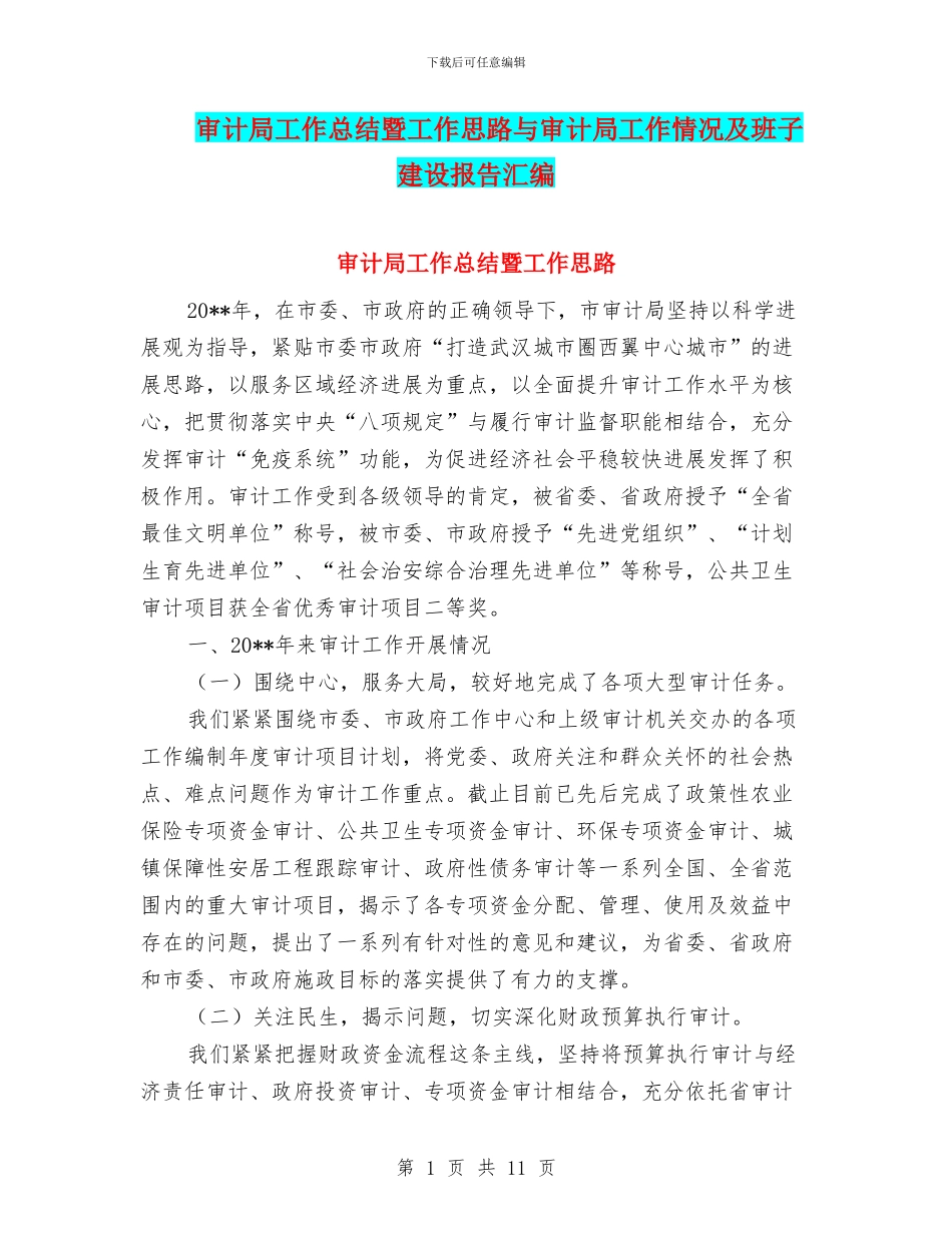 审计局工作总结暨工作思路与审计局工作情况及班子建设报告汇编_第1页
