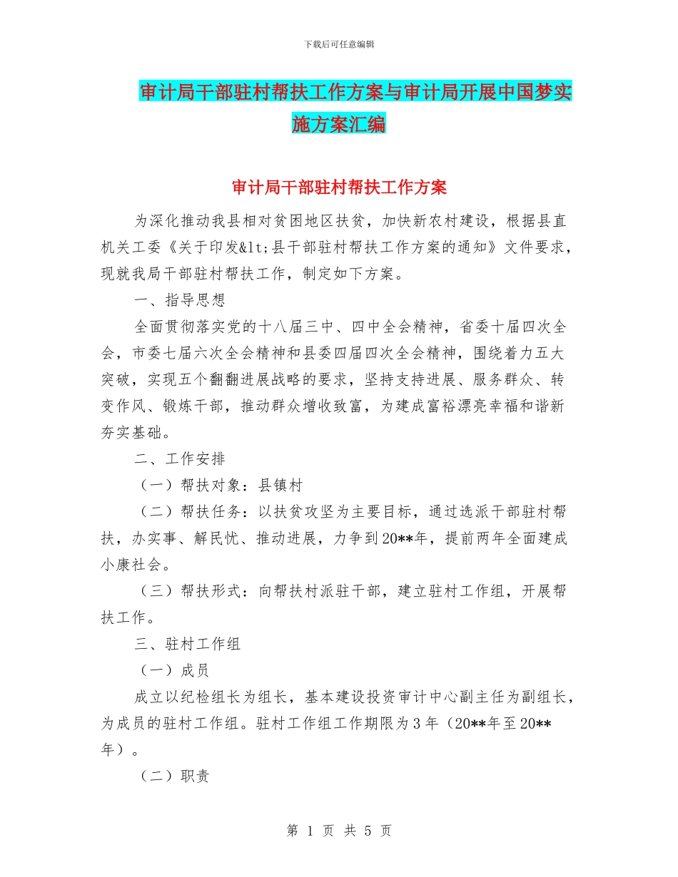 审计局干部驻村帮扶工作方案与审计局开展中国梦实施方案汇编_第1页