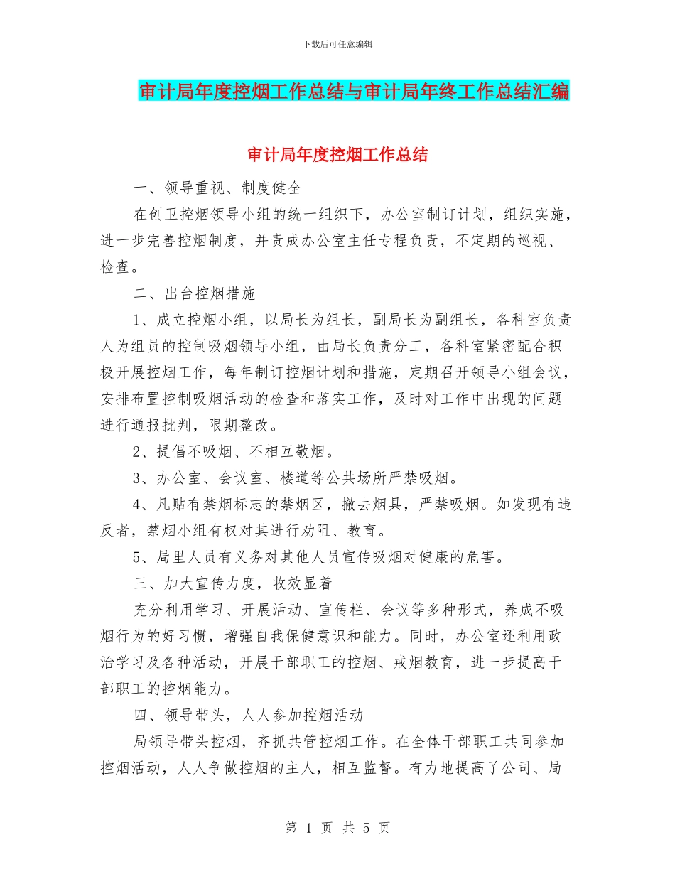 审计局年度控烟工作总结与审计局年终工作总结汇编_第1页