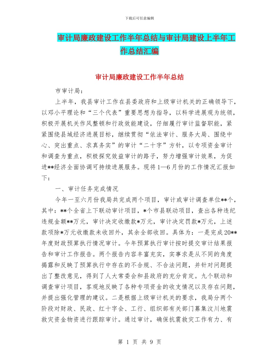 审计局廉政建设工作半年总结与审计局建设上半年工作总结汇编_第1页