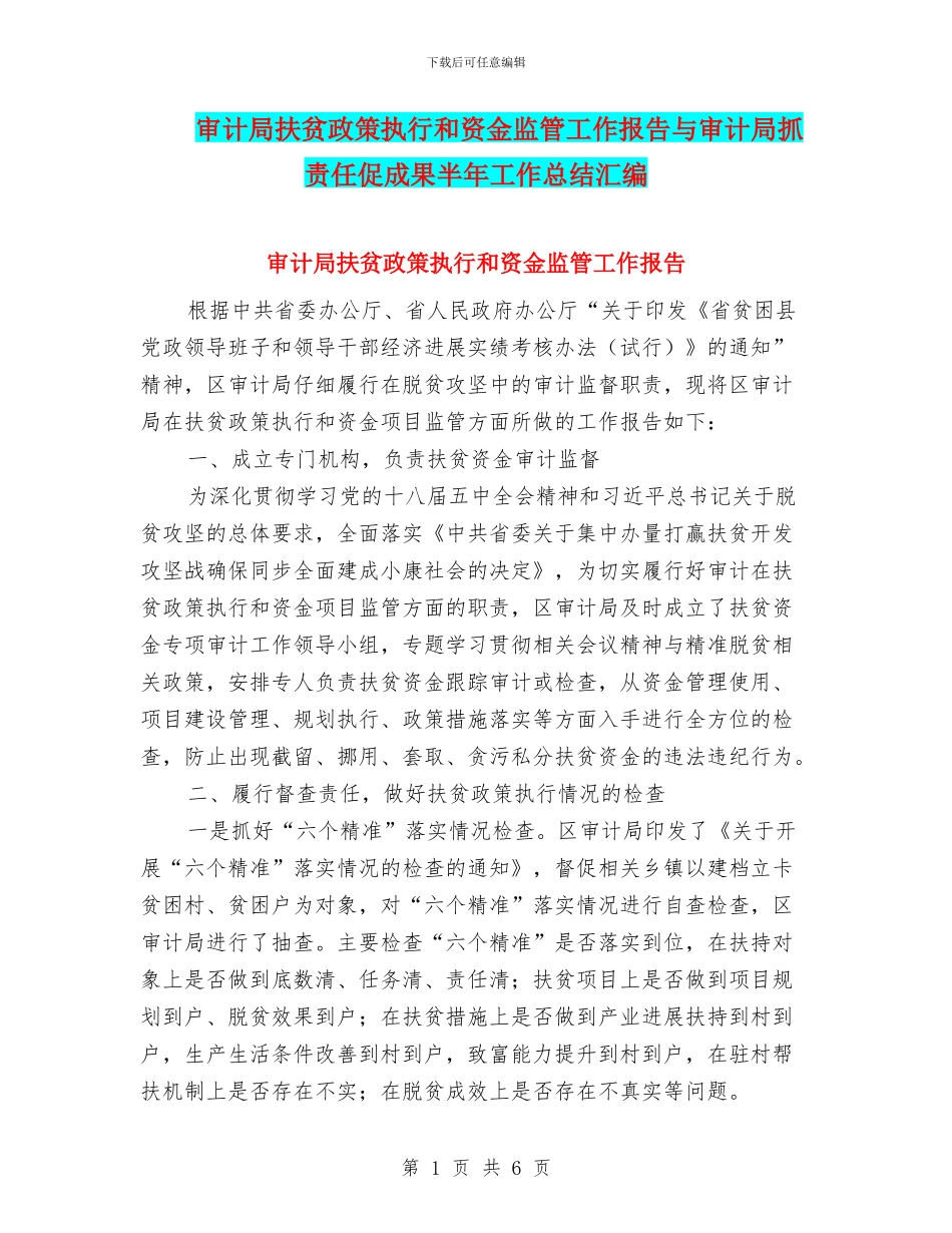 审计局扶贫政策执行和资金监管工作报告与审计局抓责任促成果半年工作总结汇编_第1页