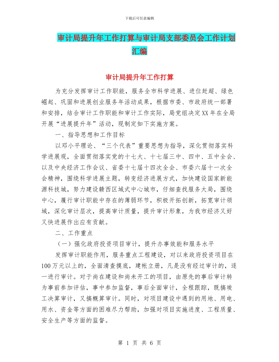 审计局提升年工作打算与审计局支部委员会工作计划汇编_第1页