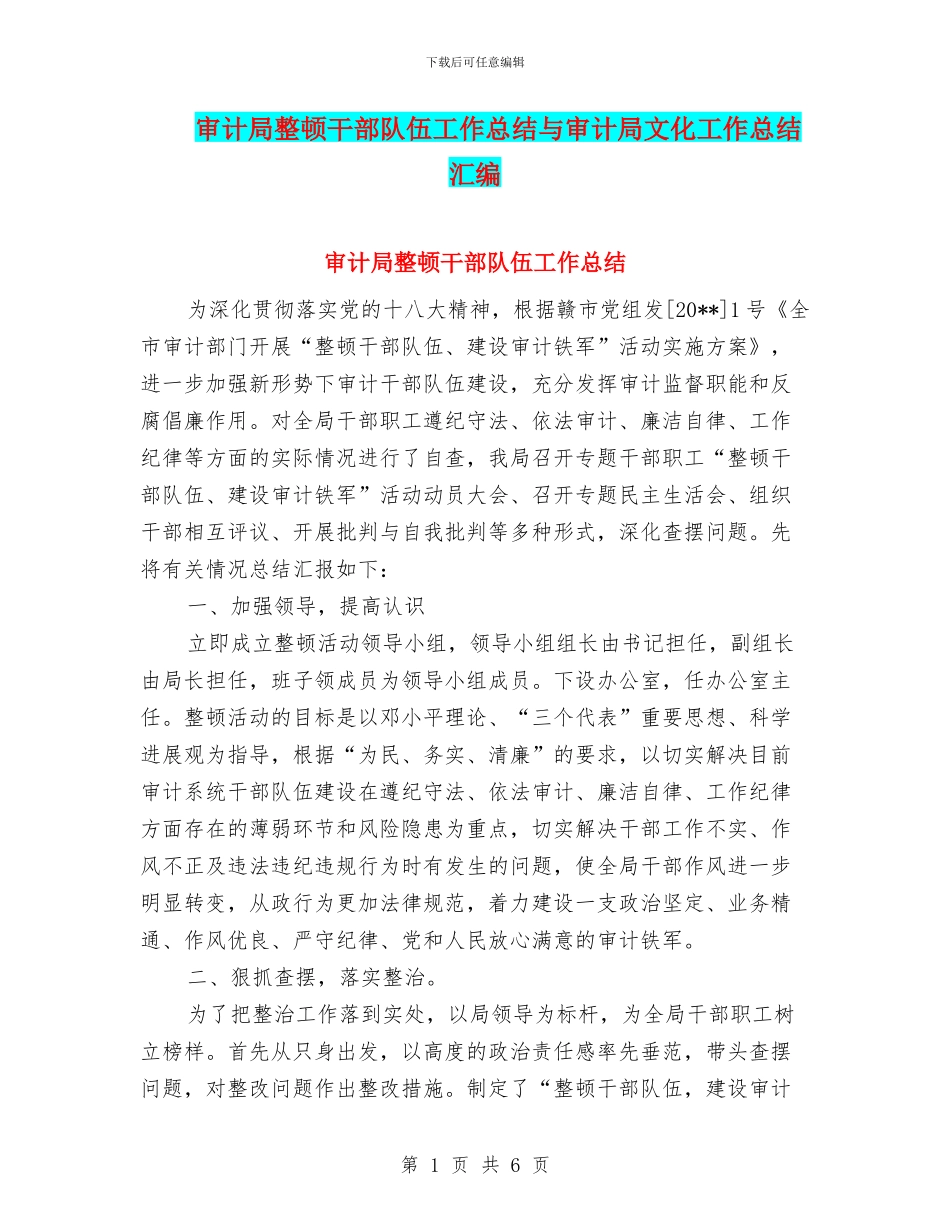 审计局整顿干部队伍工作总结与审计局文化工作总结汇编_第1页
