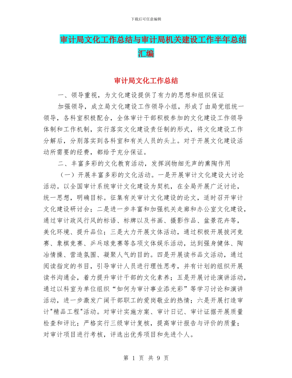 审计局文化工作总结与审计局机关建设工作半年总结汇编_第1页