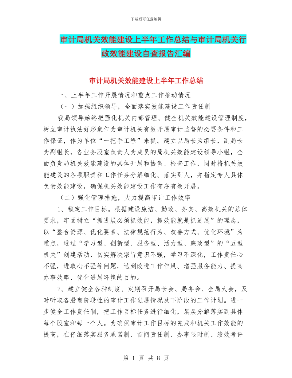 审计局机关效能建设上半年工作总结与审计局机关行政效能建设自查报告汇编_第1页