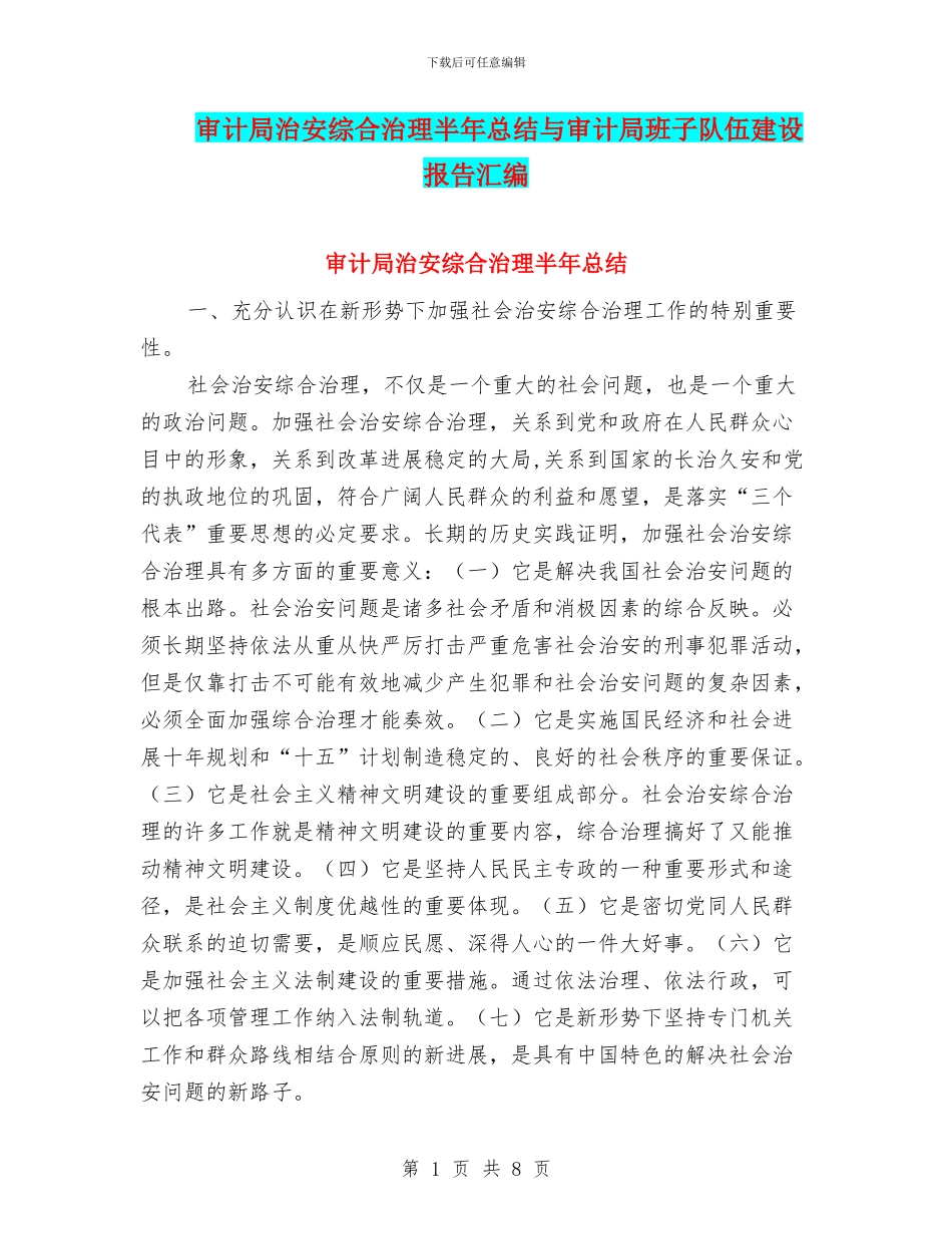 审计局治安综合治理半年总结与审计局班子队伍建设报告汇编_第1页