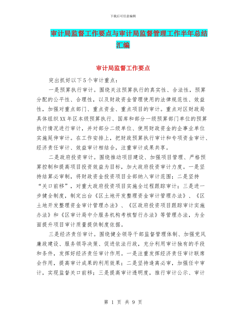 审计局监督工作要点与审计局监督管理工作半年总结汇编_第1页