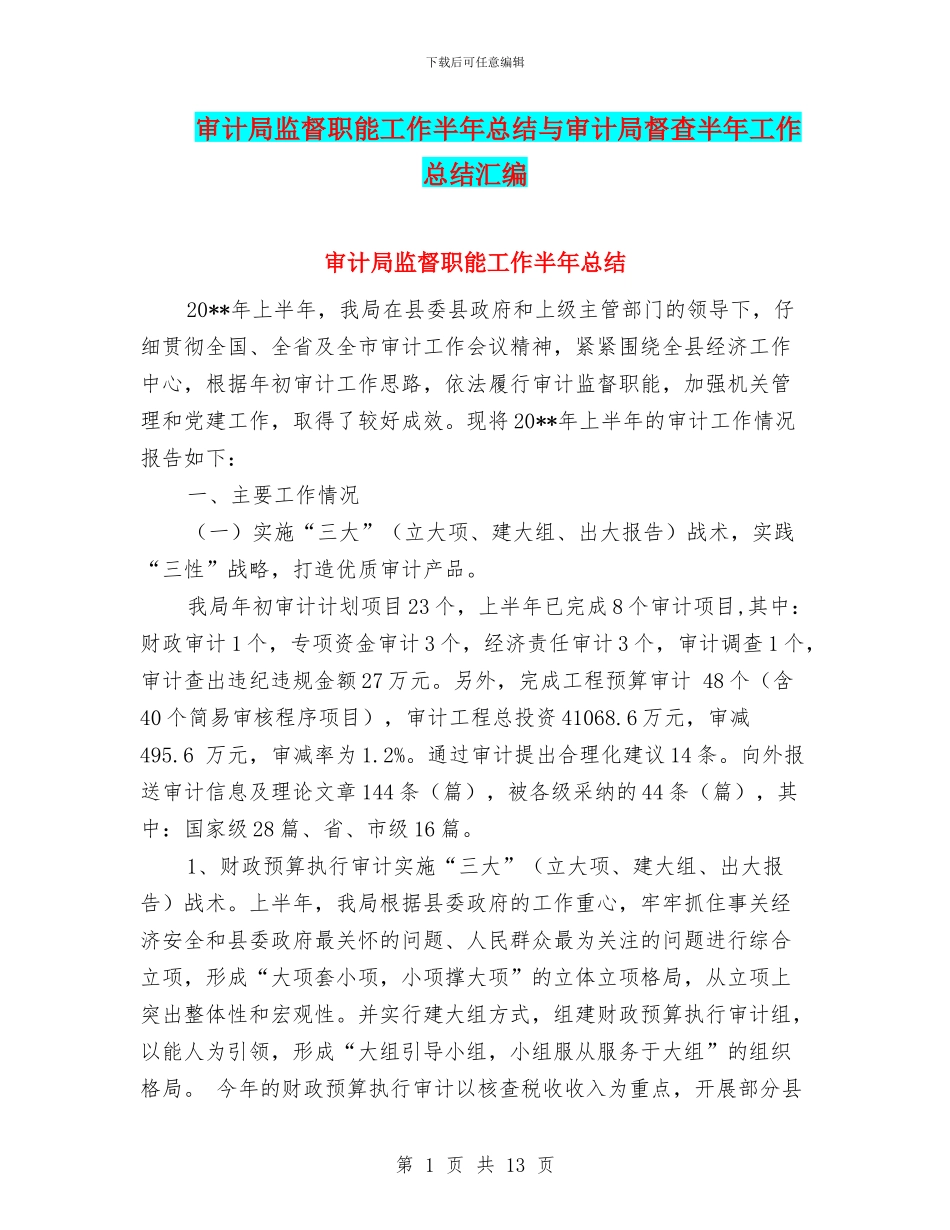 审计局监督职能工作半年总结与审计局督查半年工作总结汇编_第1页