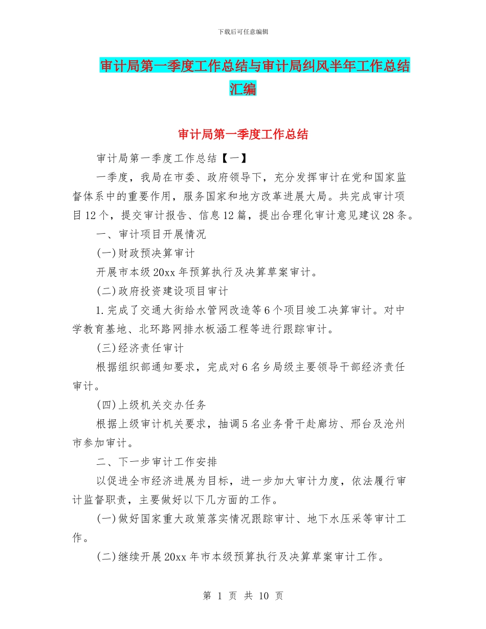 审计局第一季度工作总结与审计局纠风半年工作总结汇编_第1页