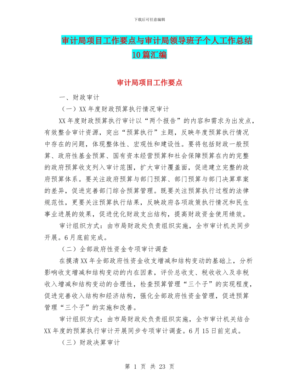 审计局项目工作要点与审计局领导班子个人工作总结10篇汇编_第1页