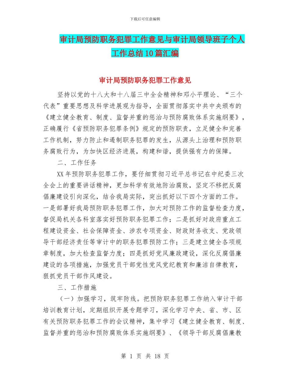 审计局预防职务犯罪工作意见与审计局领导班子个人工作总结10篇汇编_第1页