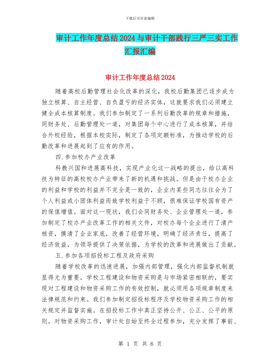 审计工作年度总结2024与审计干部践行三严三实工作汇报汇编_第1页