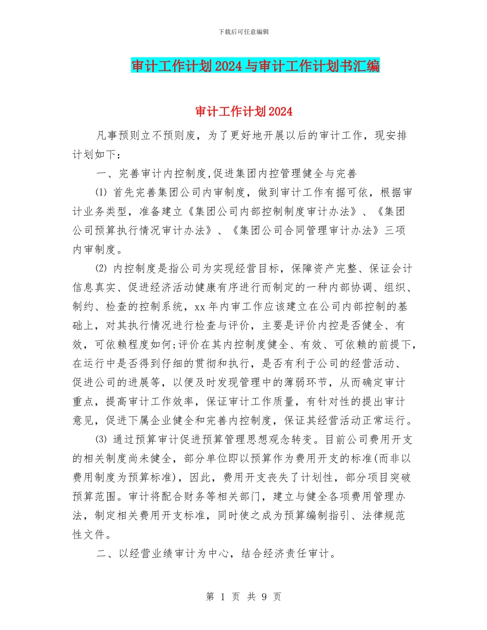 审计工作计划2024与审计工作计划书汇编_第1页