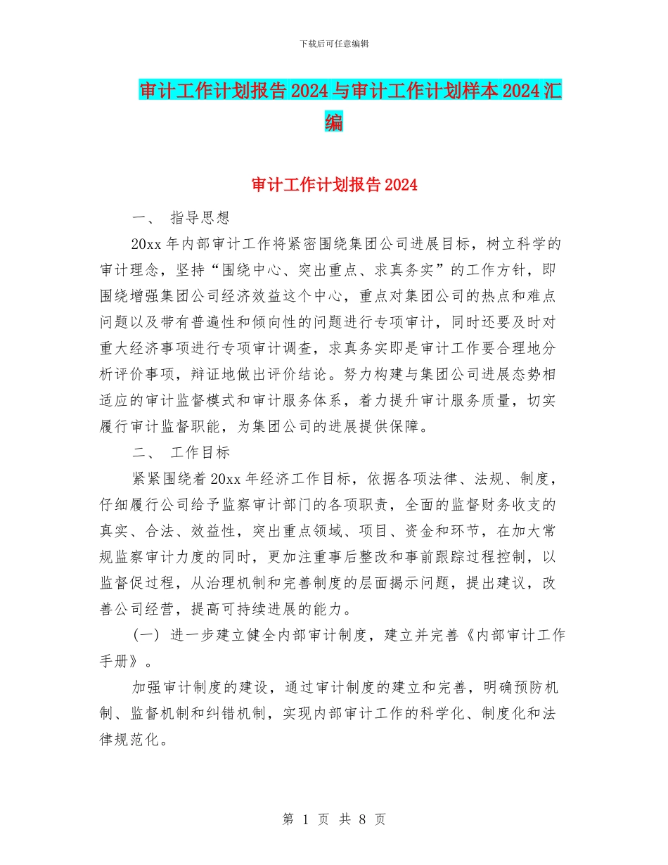 审计工作计划报告2024与审计工作计划样本2024汇编_第1页