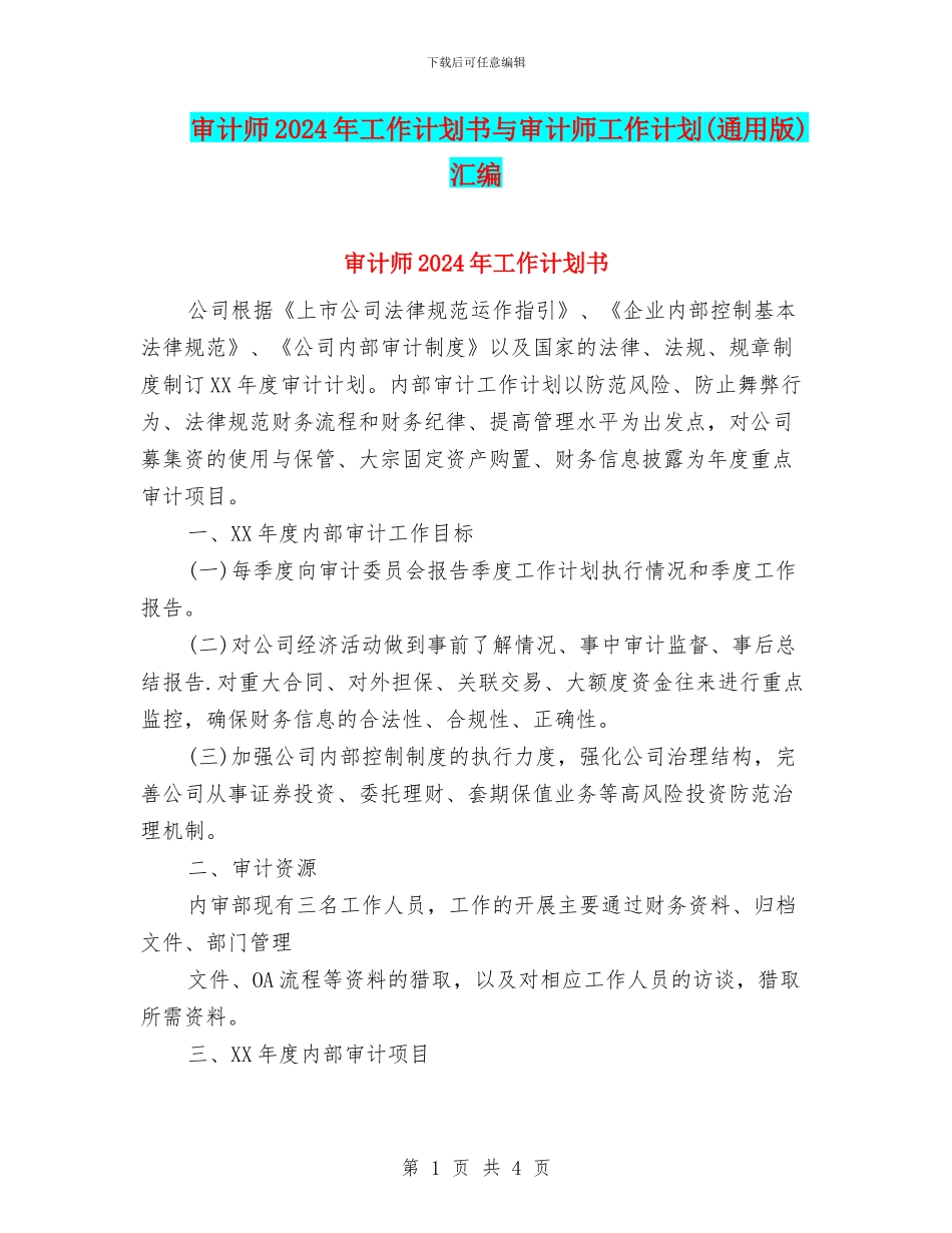 审计师2024年工作计划书与审计师工作计划汇编_第1页