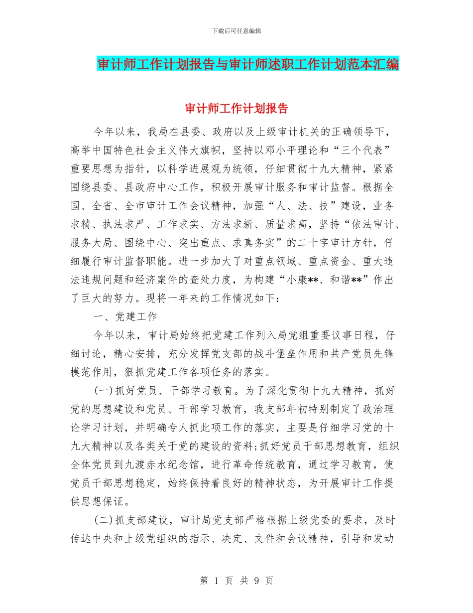 审计师工作计划报告与审计师述职工作计划范本汇编_第1页