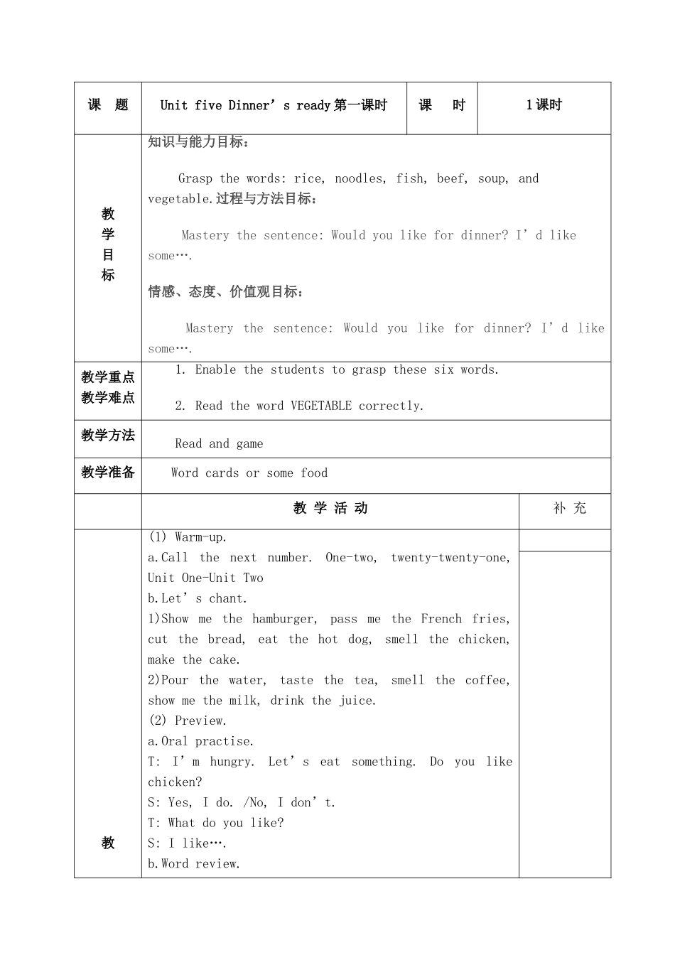 人教版四年级英语上册第五单元教案_第1页