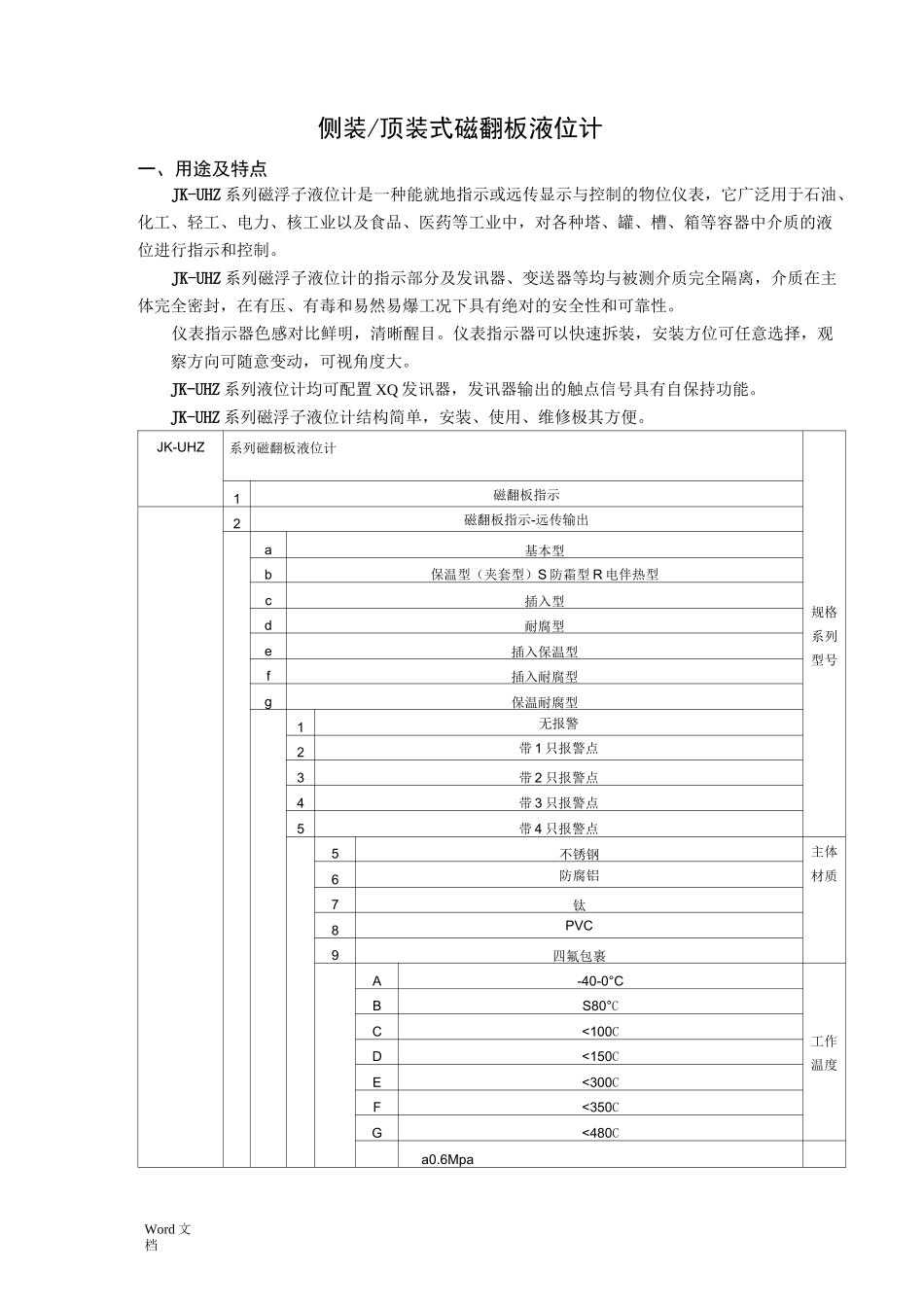 磁翻板液位计简介选型参数表_第1页