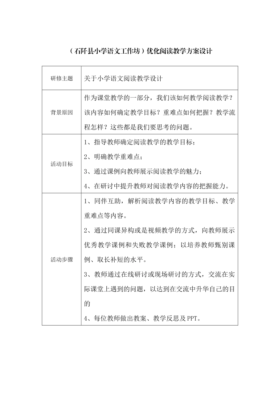 (石阡县小学语文工作坊)研修活动设计方案_第1页