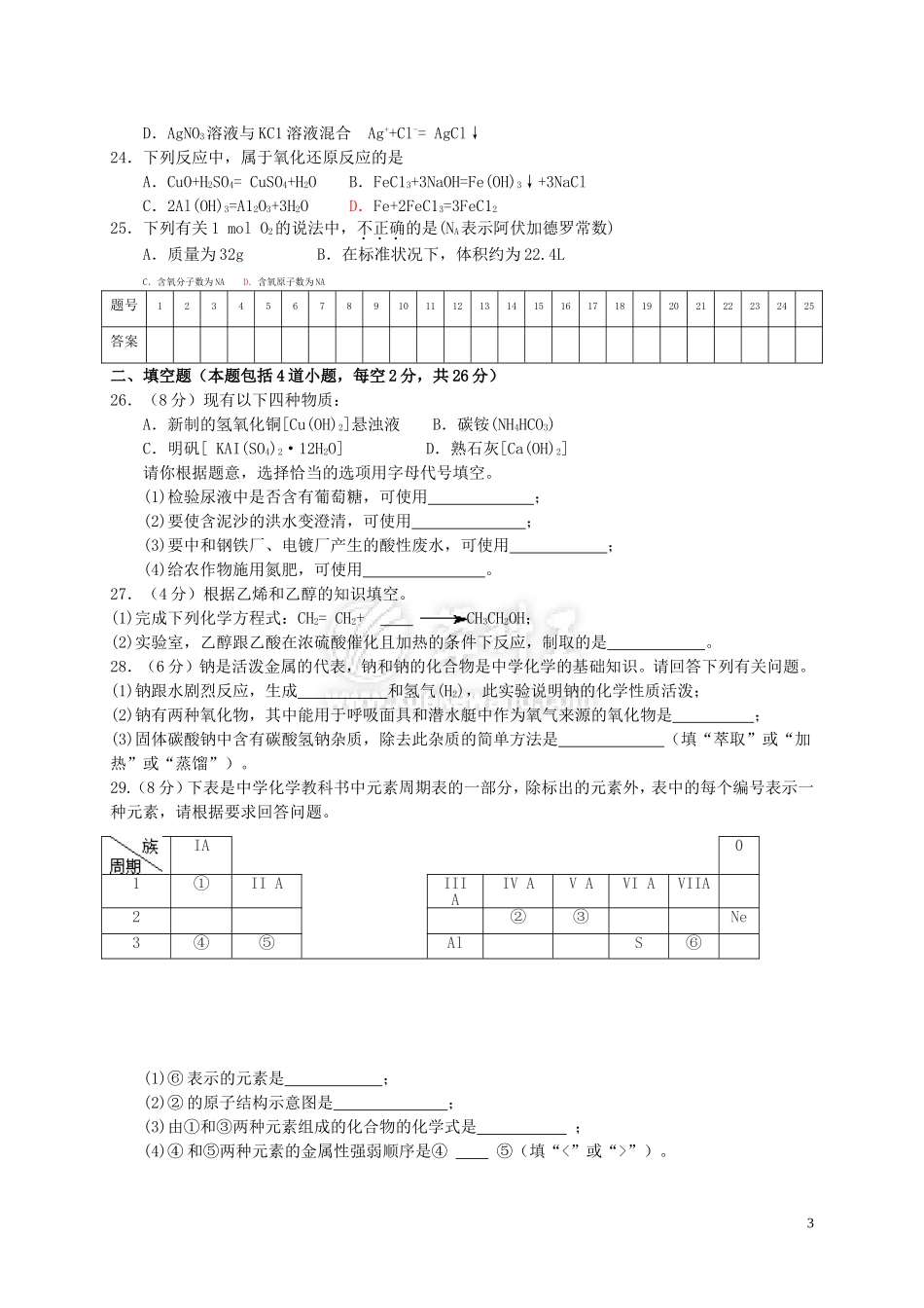 2012年湖南省普通高中学业水平考试化学试卷及答案_第3页
