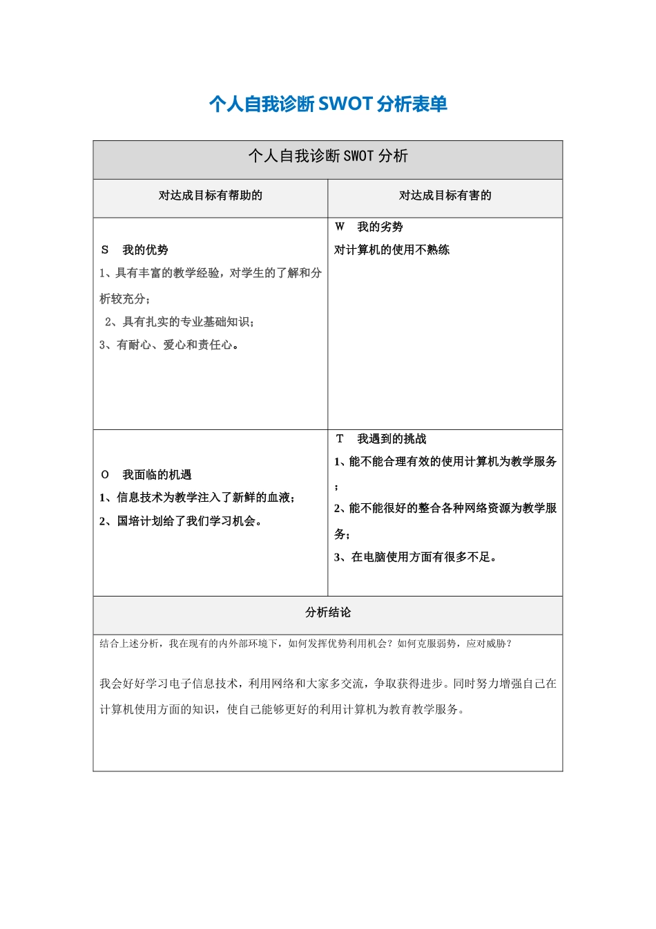 个人自我诊断SWOT分析表(2)_第1页