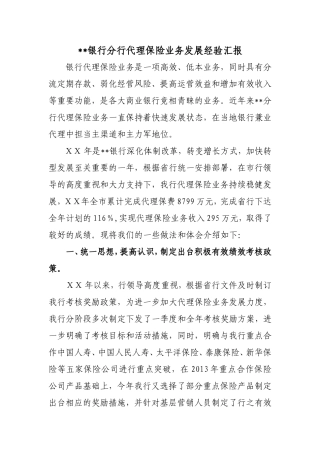 银行分行代理保险业务发展经验汇报