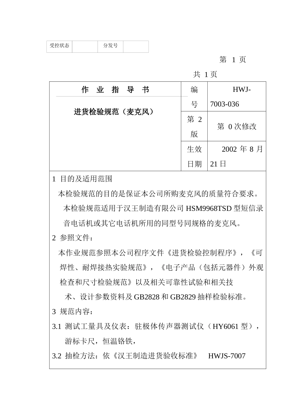 某电子公司进货检验规范作业指导书（麦克）_第1页