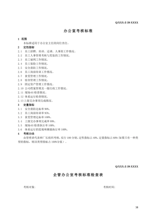 公司各部门考核标准及考核检查表