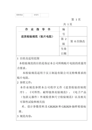 某电子公司进货检验规范作业指导书（贴片电阻）
