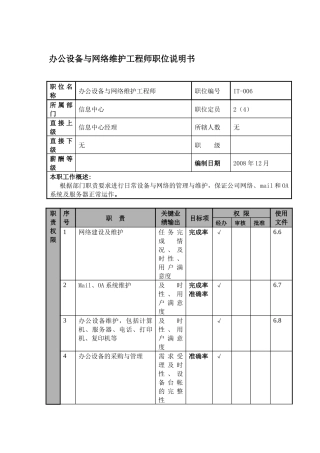 办公设备与网络维护工程师职位说明书及关键绩效标准