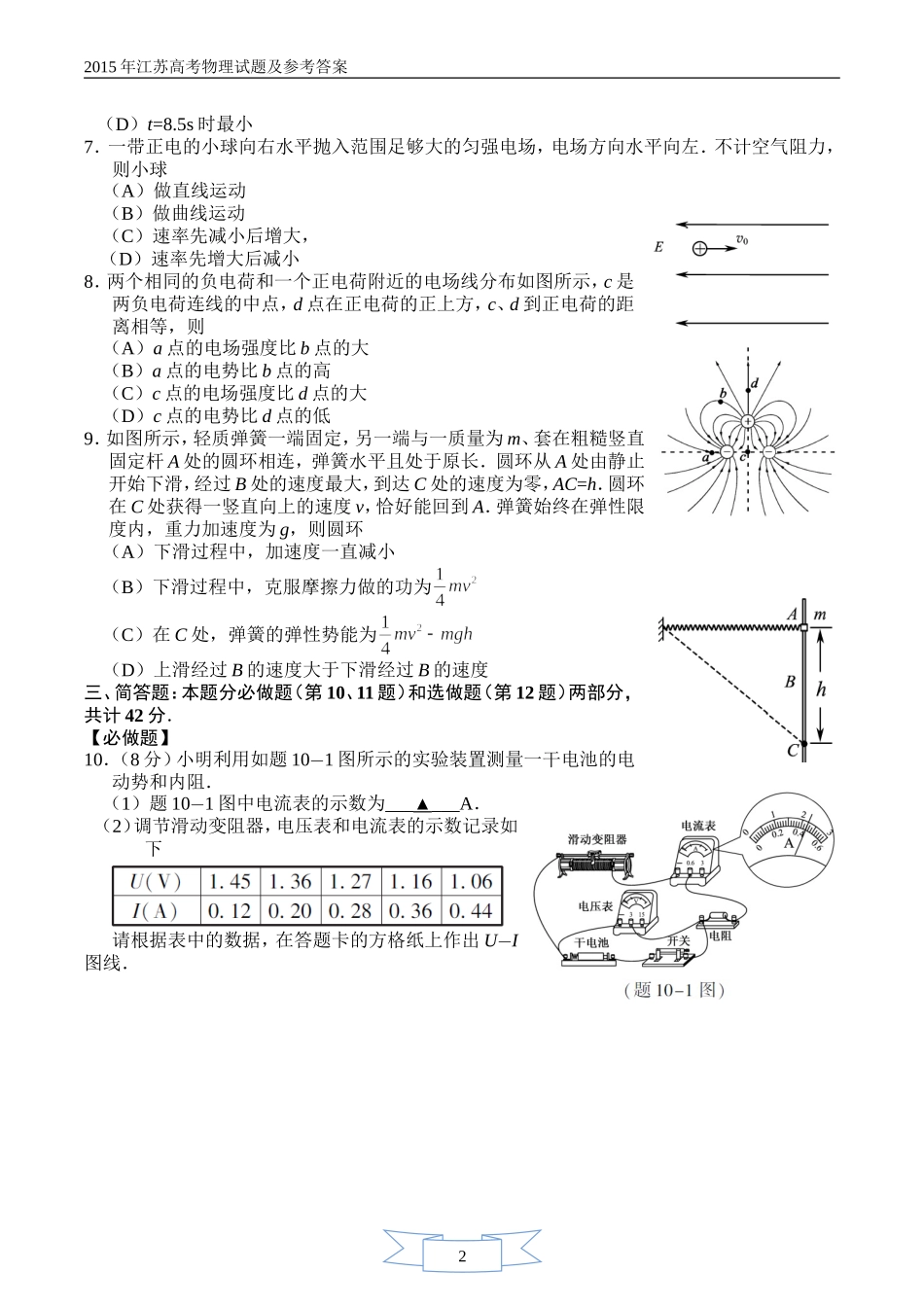 2015年江苏高考物理试题及参考答案_第2页