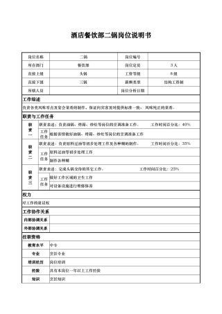 酒店餐饮部二锅岗位说明书