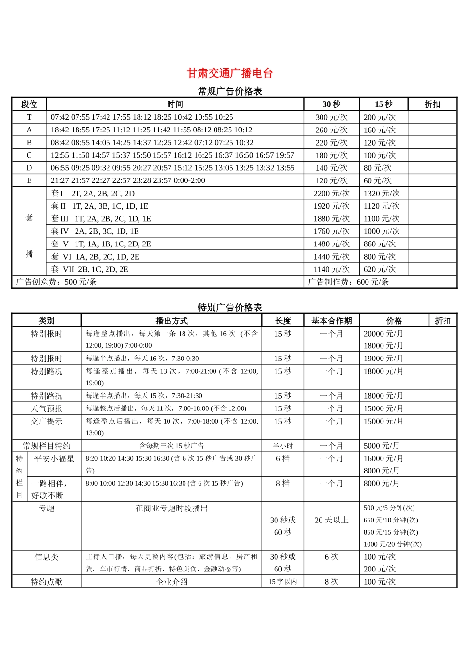 甘肃交通广播电台常规广告价格表_第1页