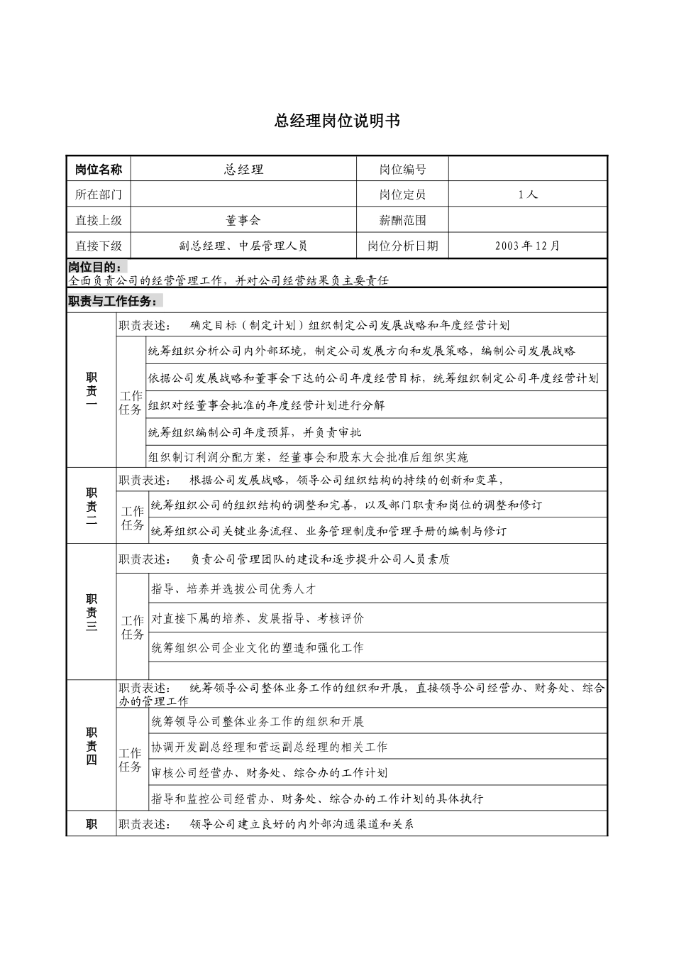 餐饮企业总经理岗位说明书_第1页