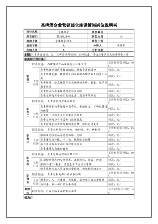 某啤酒企业营销部仓库保管岗岗位说明书.