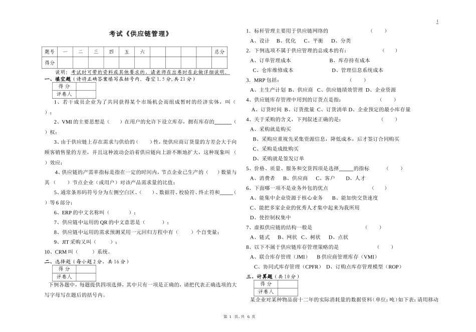 《供应链管理》考试试题_第1页