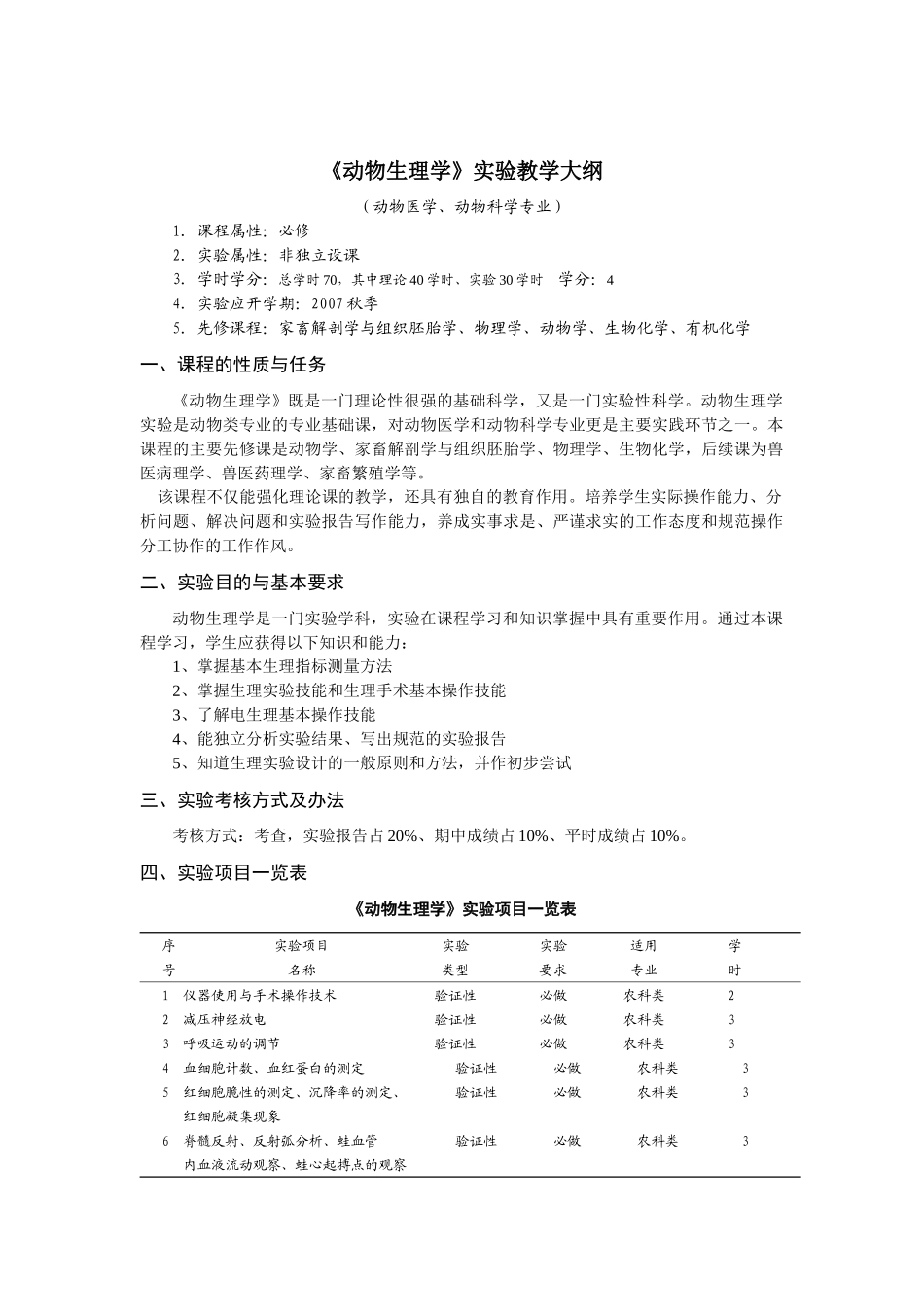 查看：《动物生理学》实验教学大纲-附2：湖南农业大学实验_第1页