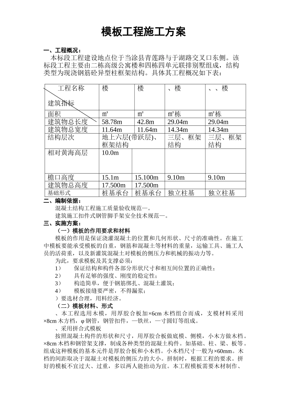 公寓楼和排别墅模板工程施工方案(DOC11页)_第1页