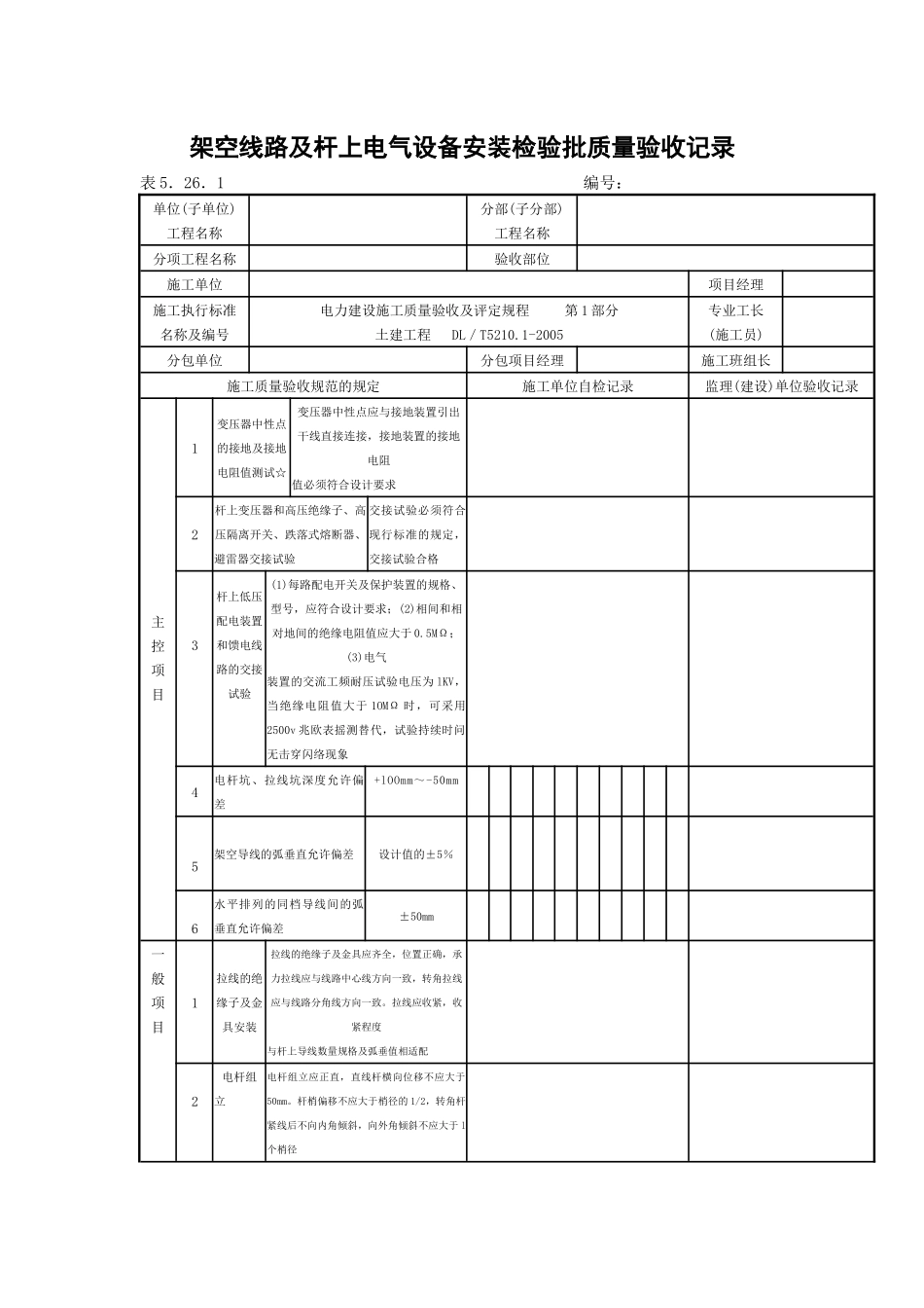 架空线路及杆上电气设备安装检验批质量验收记录_第1页
