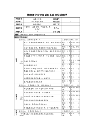 某啤酒企业设备副科长岗岗位说明书