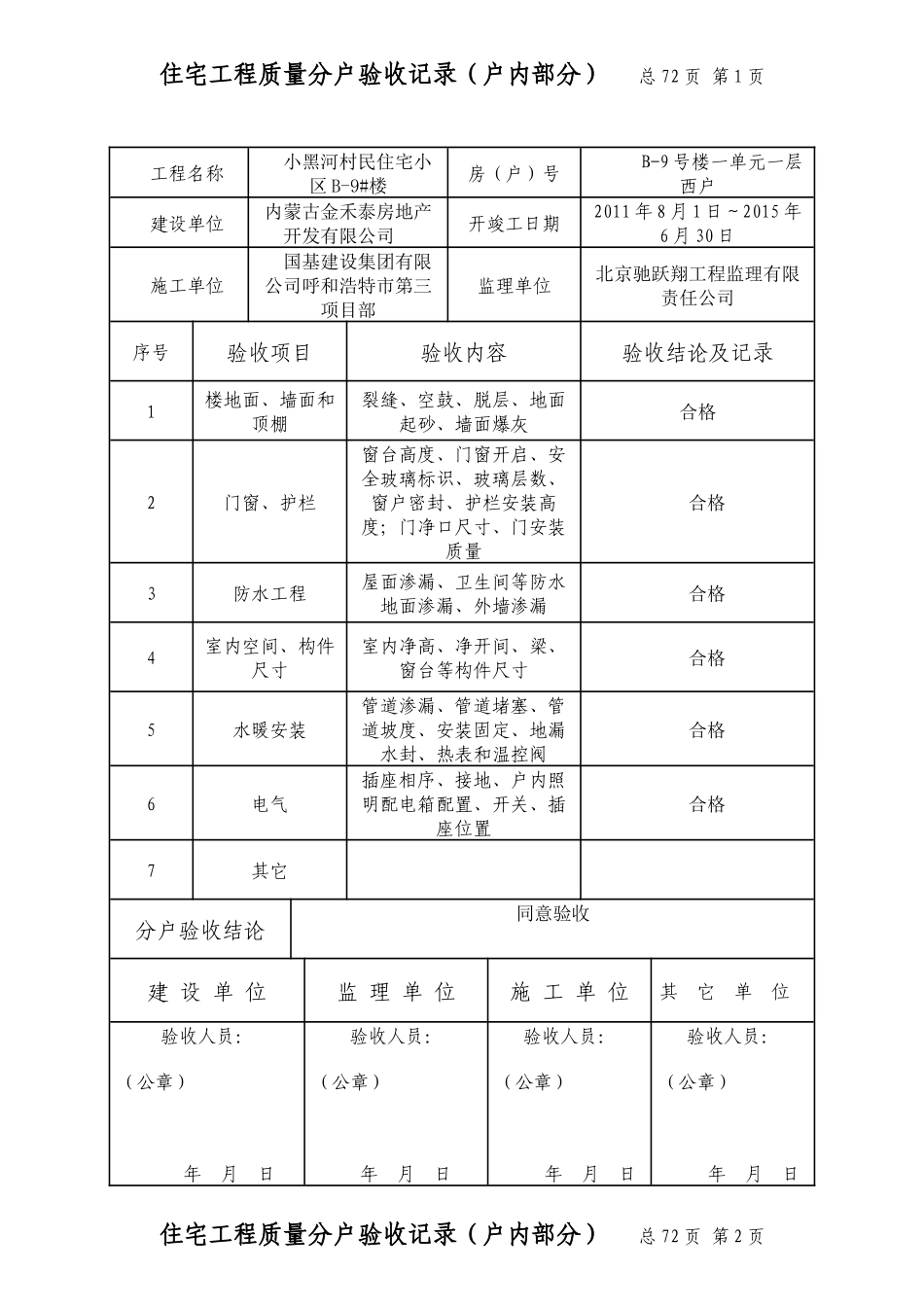 住宅工程质量分户验收记录(户内部分)_第1页