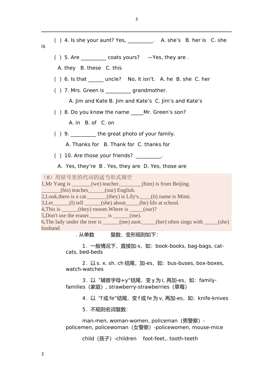人称代词和名词练习文档_第3页