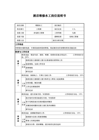 酒店维修水工岗位说明书