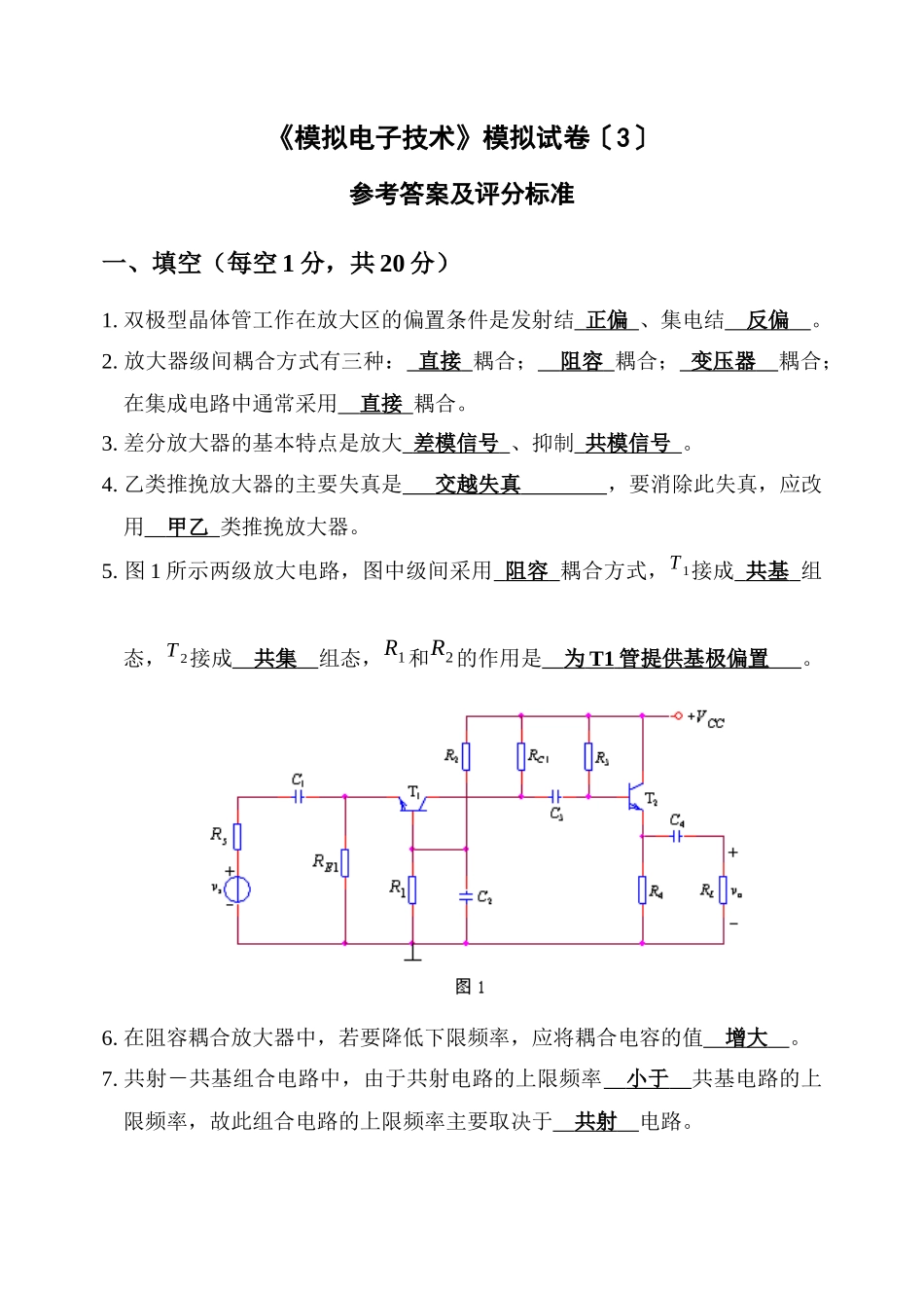 《模拟电子技术》模拟试卷〔3〕卷参考答案_第1页