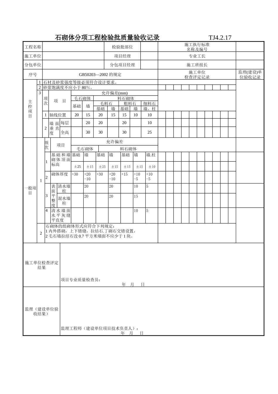 132 石砌体分项工程检验批质量验收记录Tj4-2-17需改_第1页