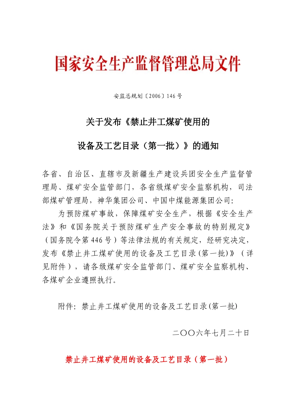 禁止井工煤矿使用的设备及工艺目录(全三批)_第1页