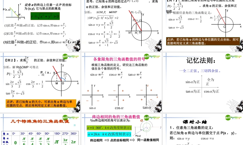 高中数学 任意角的三角函数课件 新人教A版必修4 课件