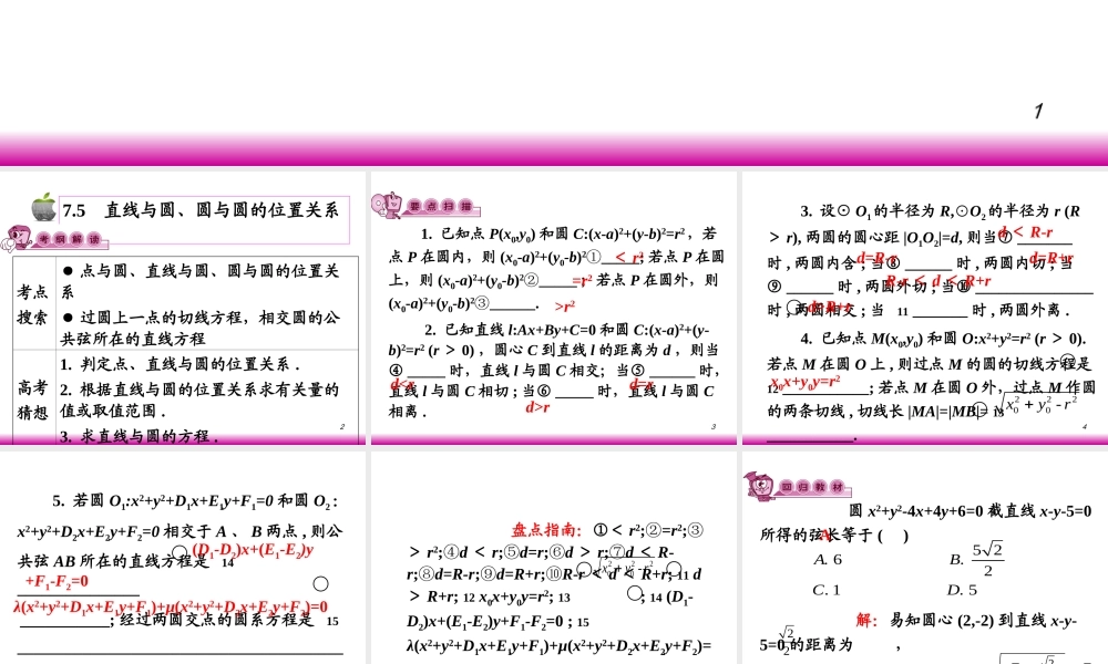 高考数学第一轮总复习7.5直线与圆、圆与圆的位置关系课件 文 (广西专版) 课件